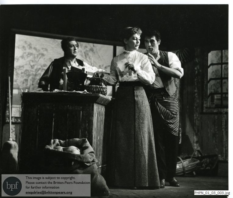 Production photograph of Britten's opera Albert Herring: Act I scene 2, Mrs Herring's greengrocery
