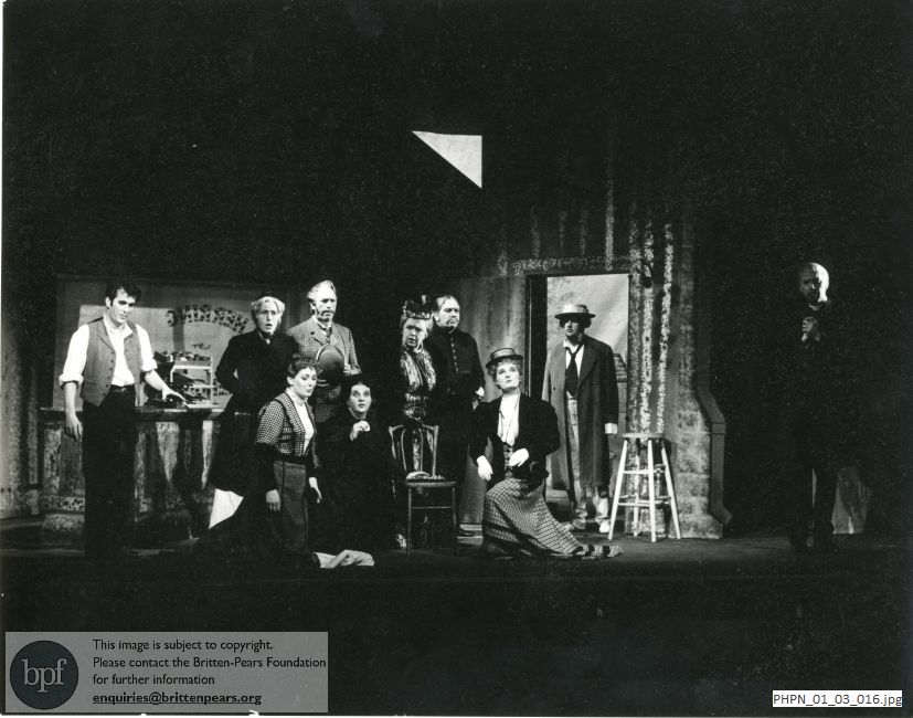 Production photograph of Britten's opera Albert Herring: Act III scene 2 Mrs Herring's greengrocery: the threnody