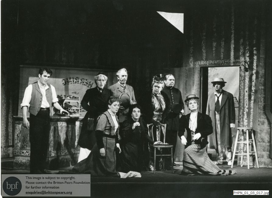 Production photograph of Britten's opera Albert Herring: Act III scene 2  Mrs Herring's greengrocery: the threnody