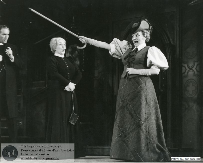 Production photograph of Britten's opera Albert Herring: Act I scene 1, Lady Billows' breakfast room