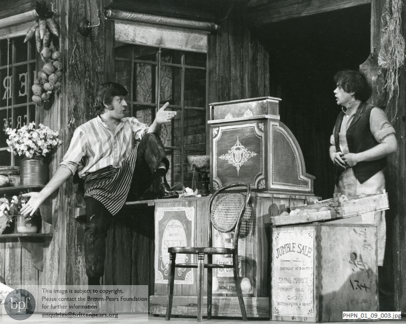 Production photograph of Britten's opera Albert Herring: Act I scene 2, Mrs Herring's greengrocery