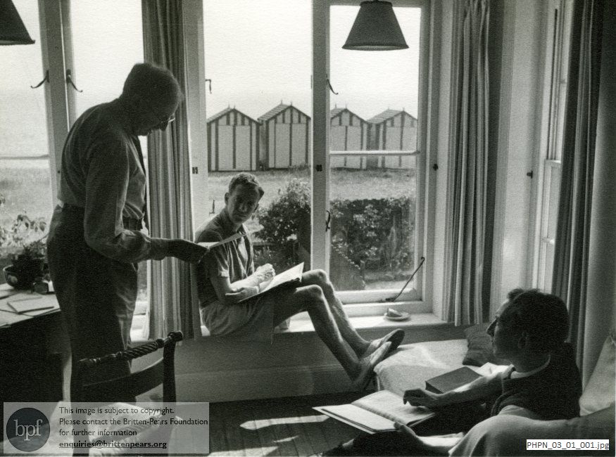 Benjamin Britten with E.M. Forster and Eric Crozier in Crag House, Aldeburgh