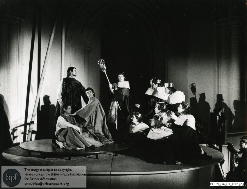 Production photograph of The Burning Fiery Furnace (second cast): The Herald's opening announcement