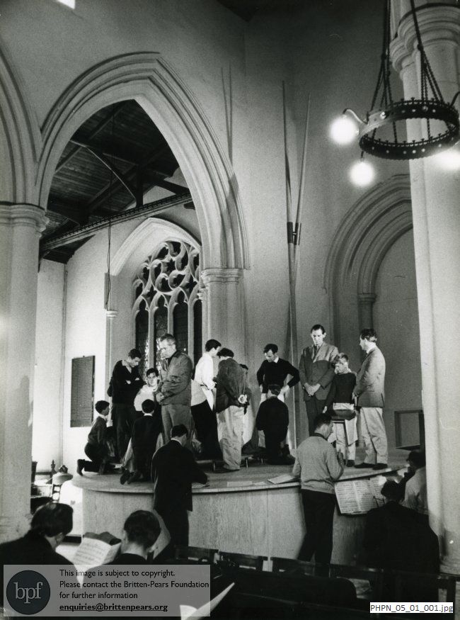 Photographs of the original production of Curlew River in Orford Church