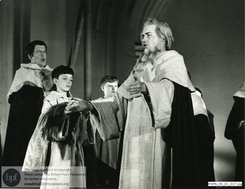 Production photograph of Curlew River: The Abbot and Monks exhort the congregation