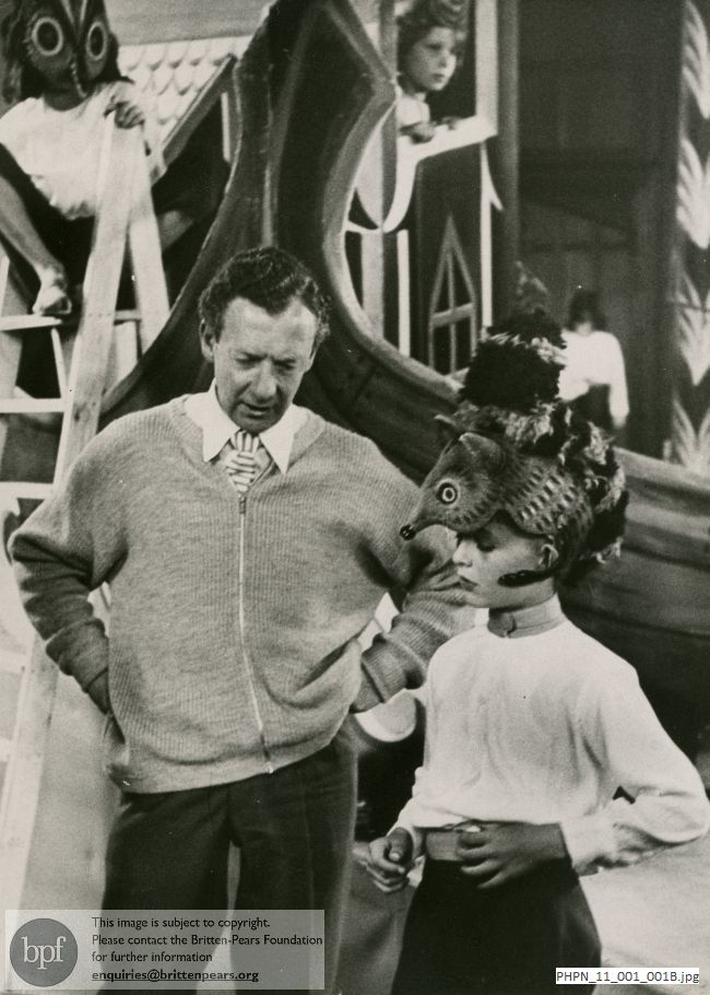 Pre-production photograph of Noye's Fludde, Benjamin Britten and Mr Squirrel