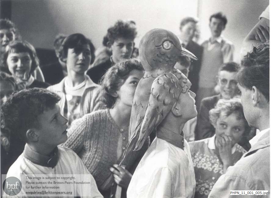 Pre-production photograph of Noye's Fludde, male dove headdress