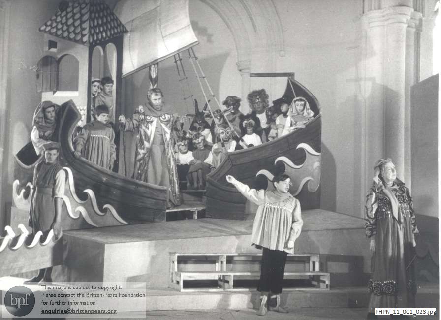 Production photograph of Noye's Fludde, Sem persuades Mrs Noye