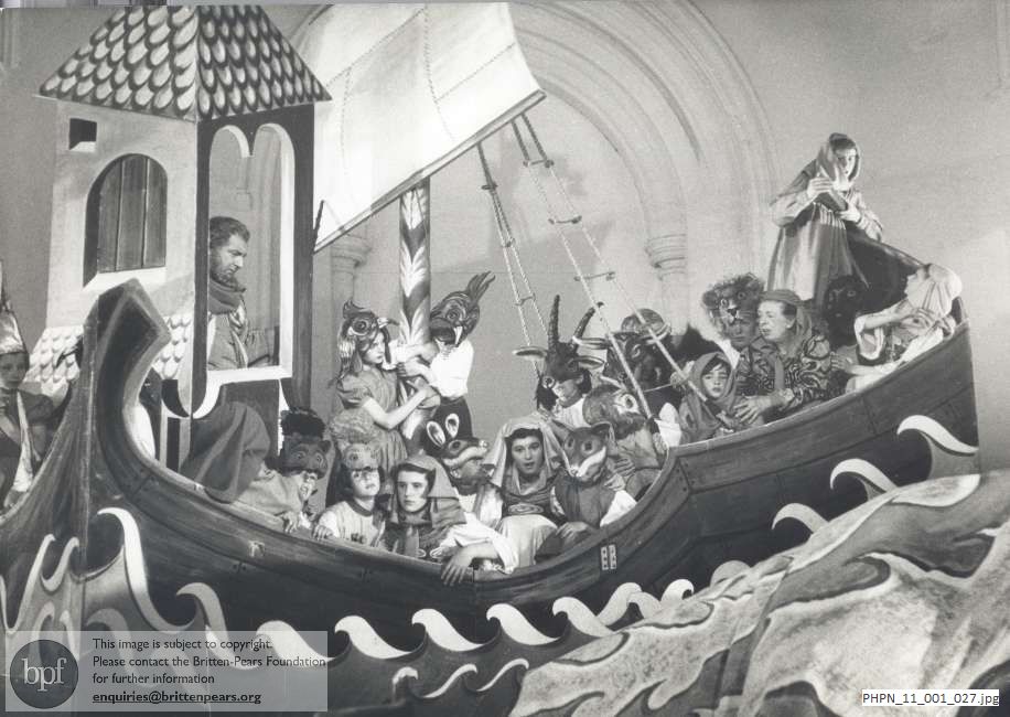 Production photograph of Noye's Fludde, cowering