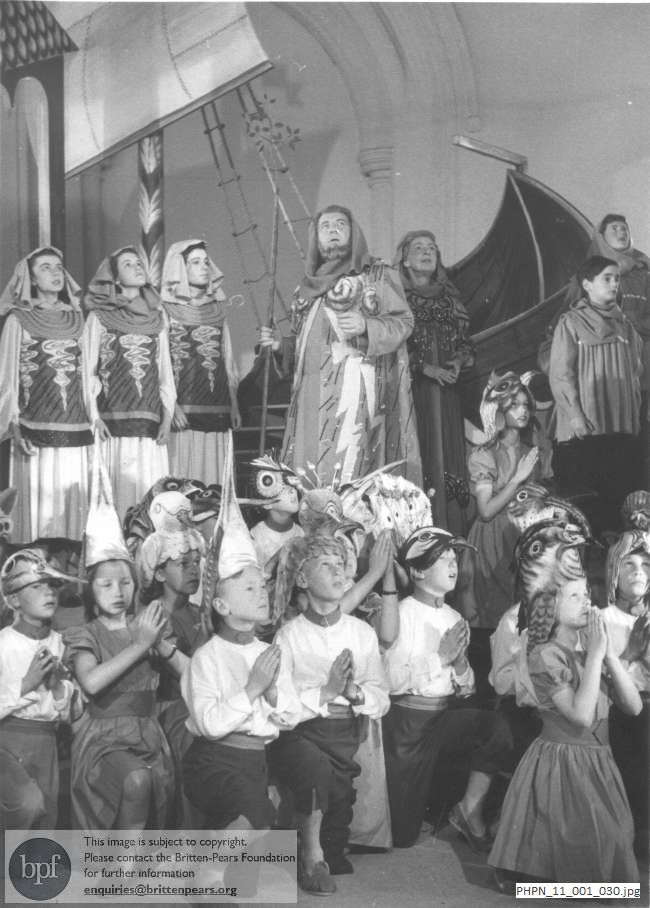 Production photograph of Noye's Fludde, the animals give thanks