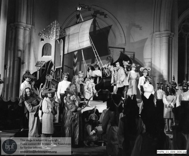 Production photograph of Noye's Fludde, the animals arrive