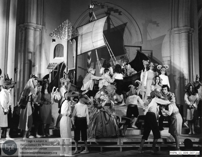 Production photograph of Noye's Fludde, the animals fight
