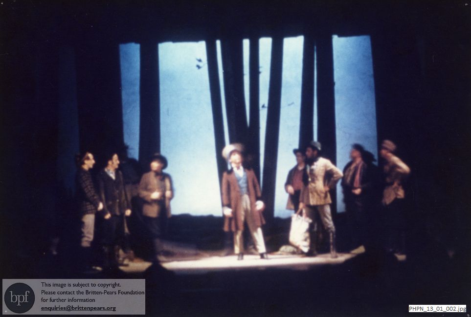 Production photograph of Paul Bunyan, Act 1 scene 1: Inkslinger's arrival