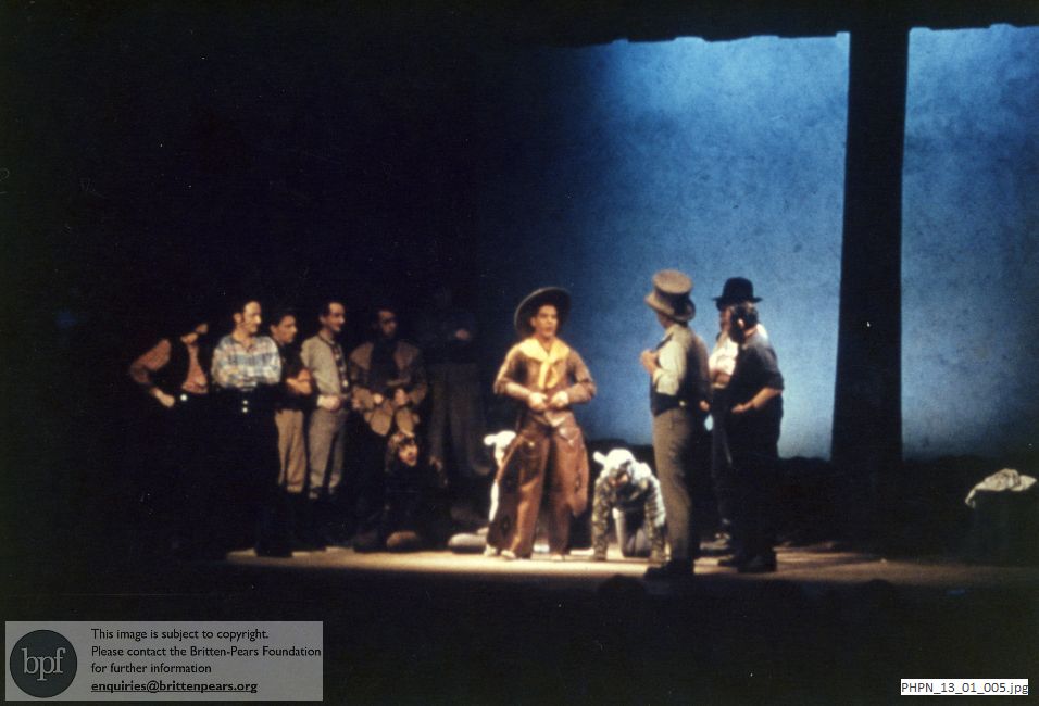 Production photograph of Paul Bunyan, Act 1 scene 2, 12a: Inkslinger's question