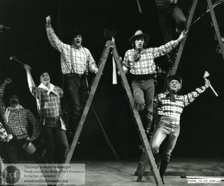 Production photograph of Paul Bunyan: Act 1 scene 1 A clearing in the forest:  Preliminary Chorus to the Quartet of Four Swedes
