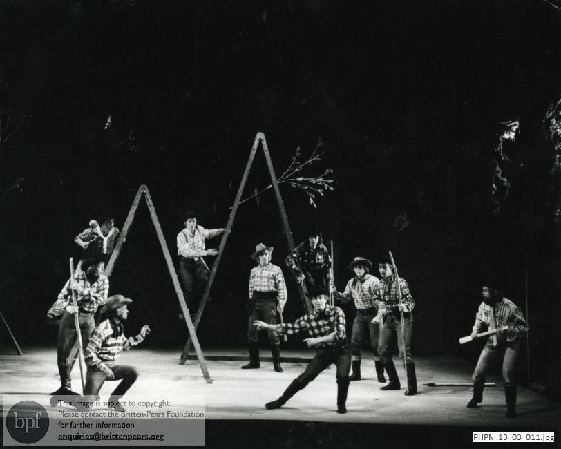 Production photograph of Paul Bunyan Act 1 scene 1 A clearing in the forest: The Swedes identify themselves to Bunyan