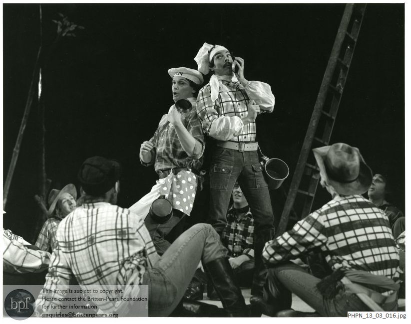 Production photograph of Paul Bunyan: Act 1 scene 1 A clearing in the forest: No.7 The Cooks' Duet