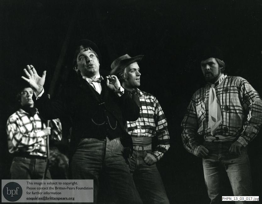 Production photograph of Paul Bunyan: Act 1 scene 1 A clearing in the forest: Johnny Inkslinger meets Bunyan