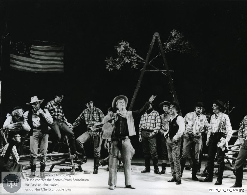 Production photograph of Paul Bunyan: Act 1 scene 2 The Camp: Slim's Song