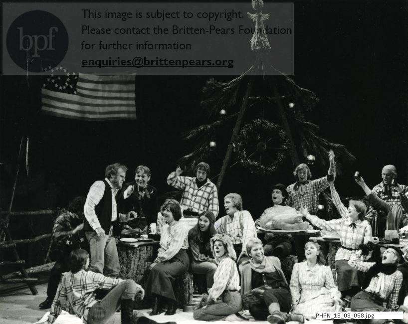 Production photograph of Paul Bunyan: Act 2 scene 2:  No 25  The Christmas Party: Cheering John Shears