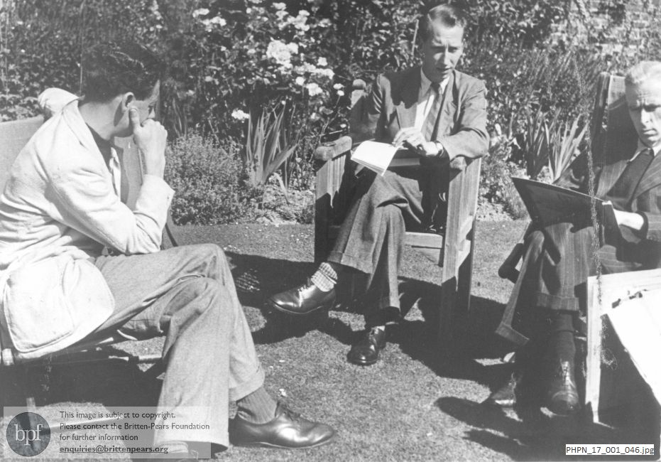 Benjamin Britten, John Piper and Eric Crozier in the garden at Glyndebourne