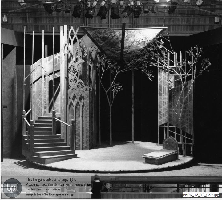 Production photograph of Yolanda Sonnabend's set for The Turn of the Screw Act 1 scene 5: The window