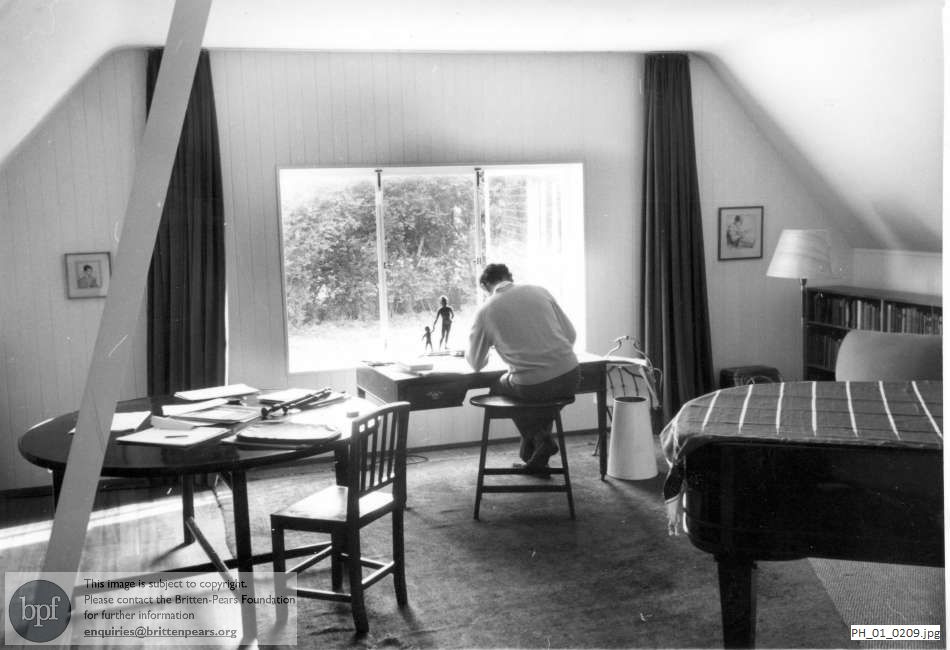 Benjamin Britten at work in his composition studio in Aldeburgh