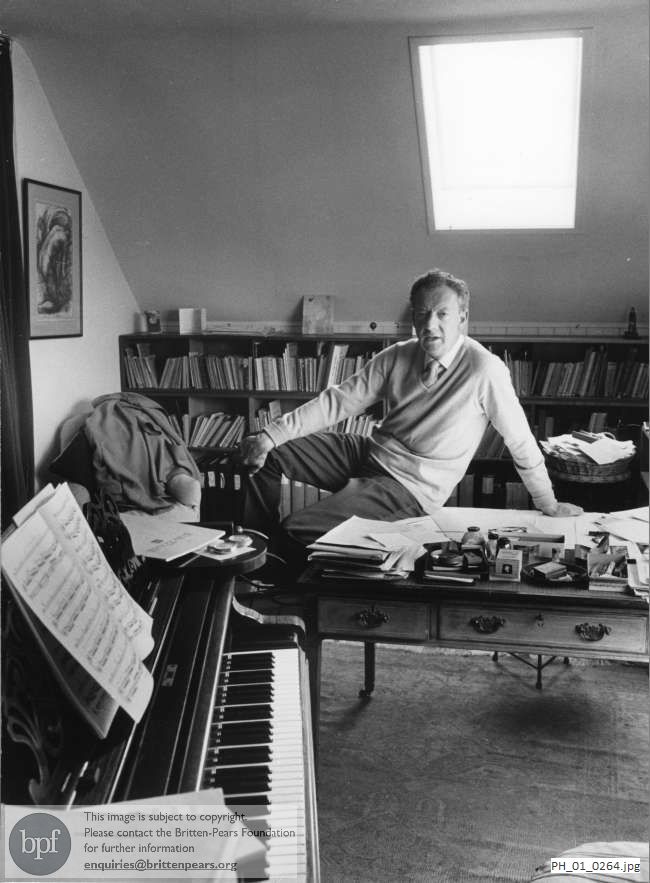 Benjamin Britten in his composition studio at The Red House, Aldeburgh
