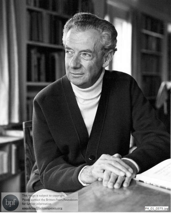 Benjamin Britten, professional portrait in the Library at the Red House, Aldeburgh