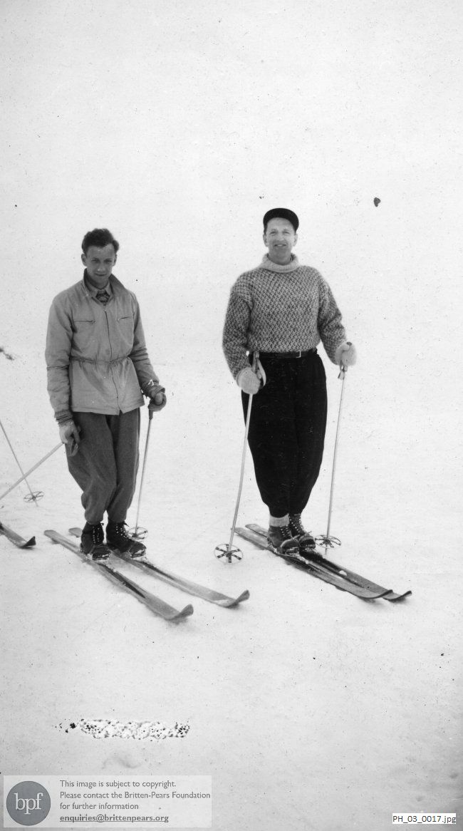 Benjamin Britten and Peter Pears skiing in Switzerland