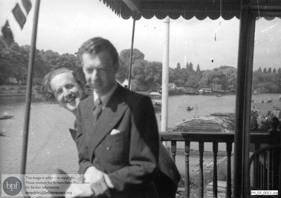 Benjamin Britten and Peter Pears on a riverside balcony