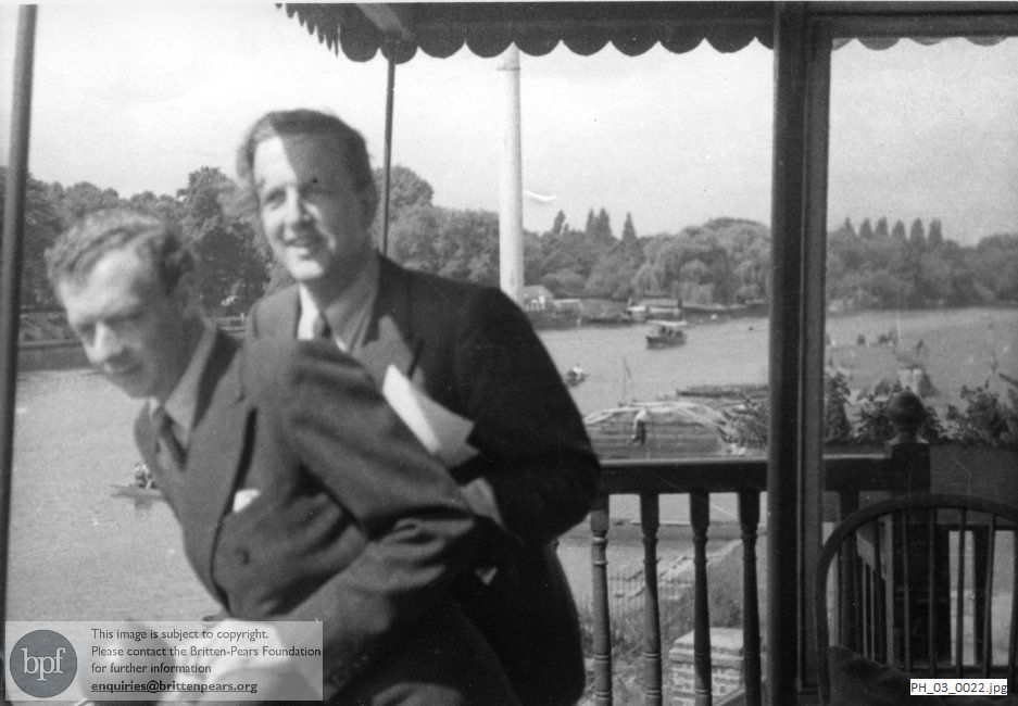 Benjamin Britten and Peter Pears on a riverside balcony