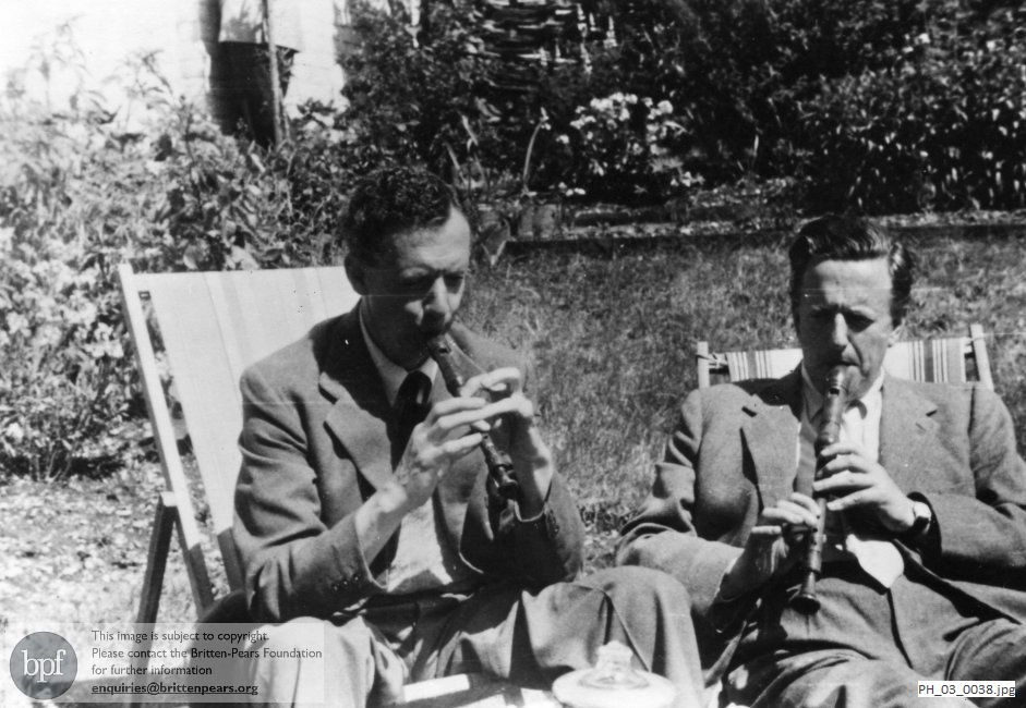 Benjamin Britten and Peter Pears in the garden at Crag House, Aldeburgh