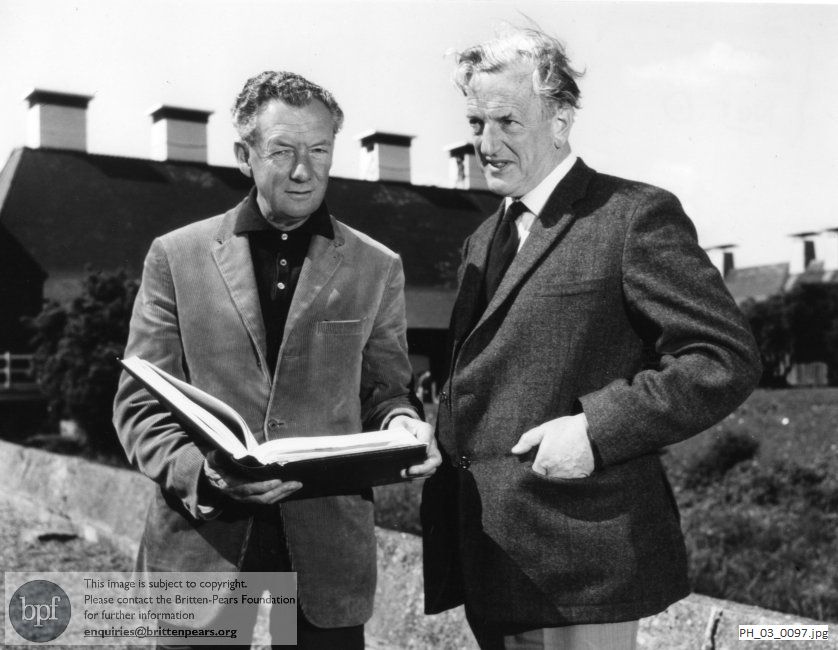 Benjamin Britten and Peter Pears outside the Maltings Concert Hall, Snape 