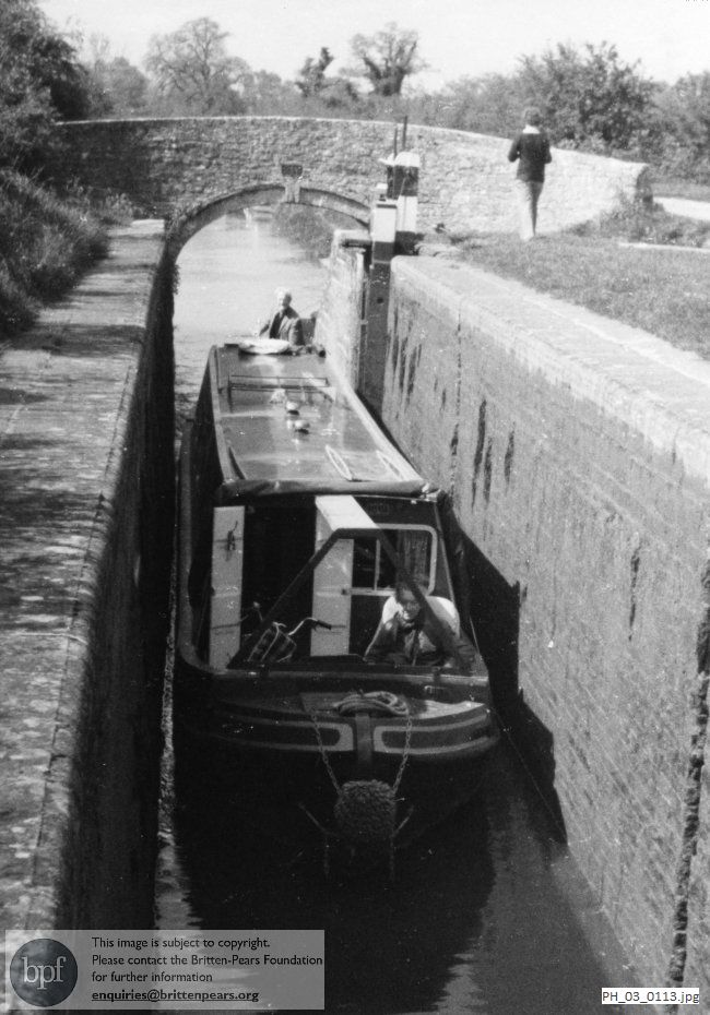 Benjamin Britten and Peter Pears with Polly Phipps in a lock on the Oxford Canal