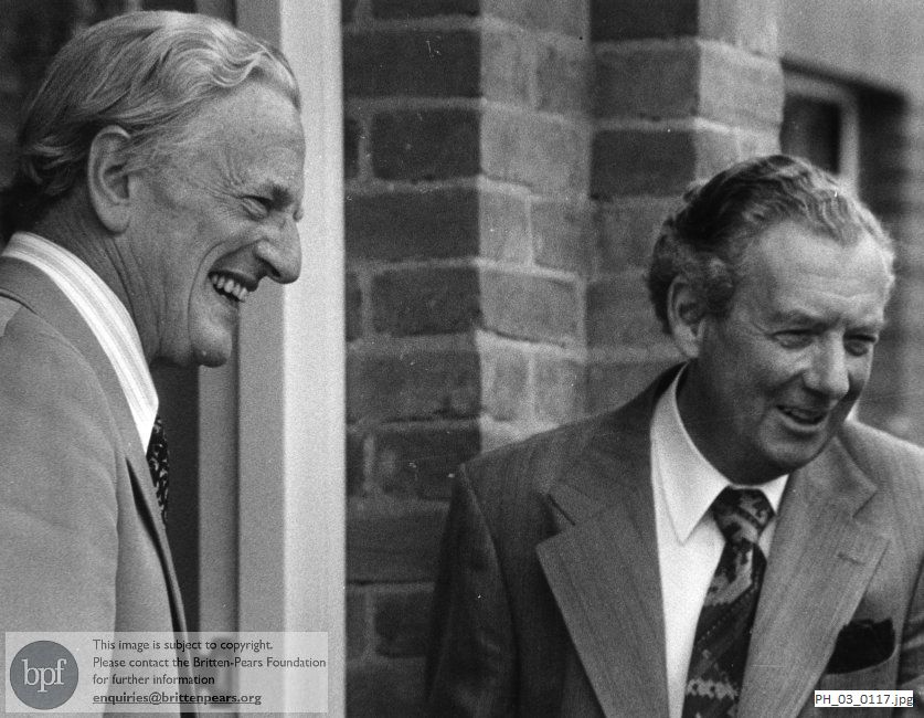 Benjamin Britten and Peter Pears at the front door of The Red House, Aldeburgh