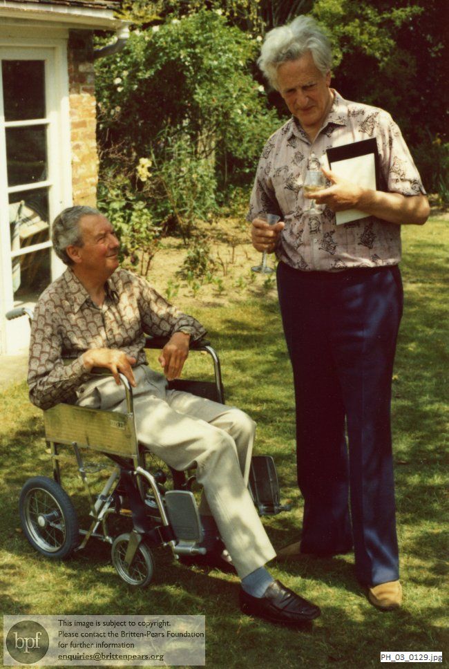 Benjamin Britten and Peter Pears at The Red House, Aldeburgh, party to celebrate Britten's life peerage