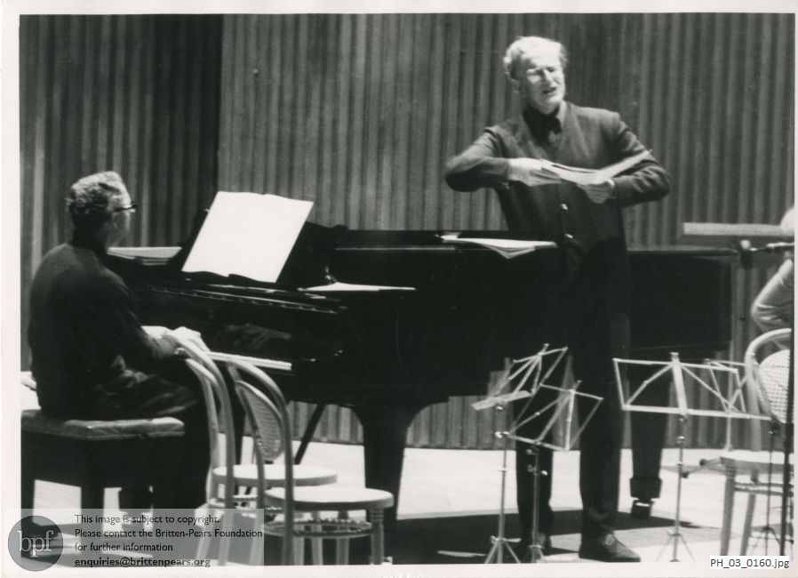 Benjamin Britten and Peter Pears on stage at Snape Maltings Concert Hall