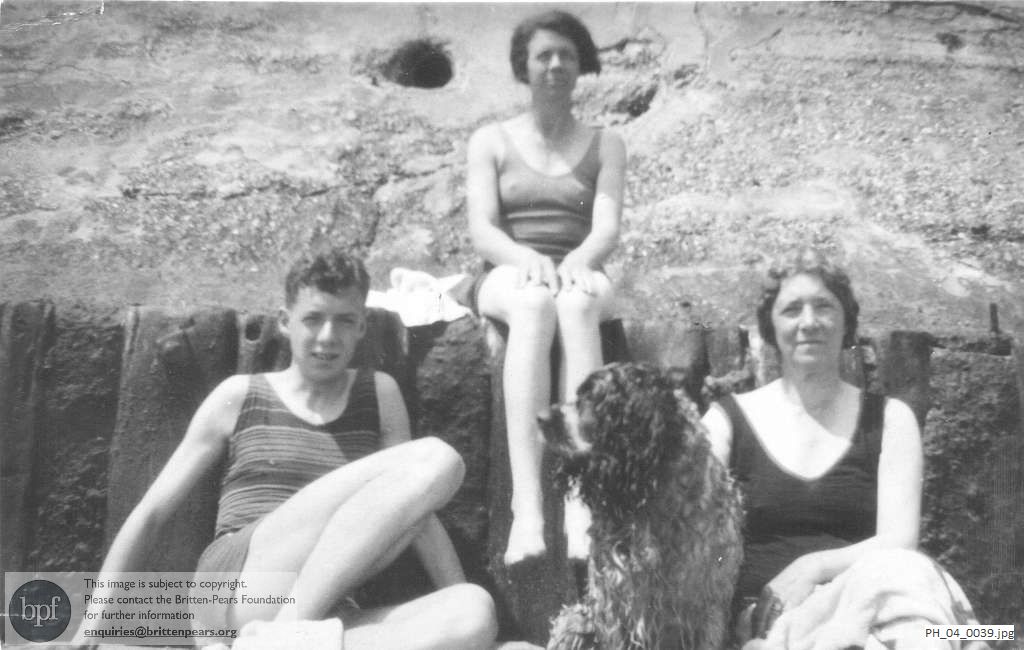 Benjamin Britten with his mother and sister on the beach