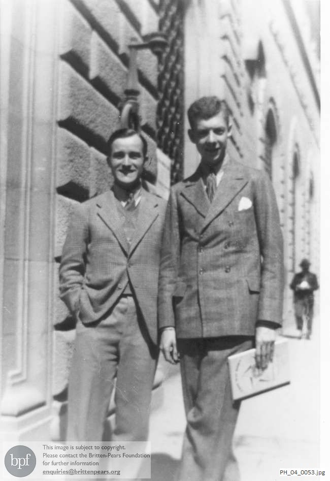 Benjamin Britten with Arnold Cooke in a street in Florence