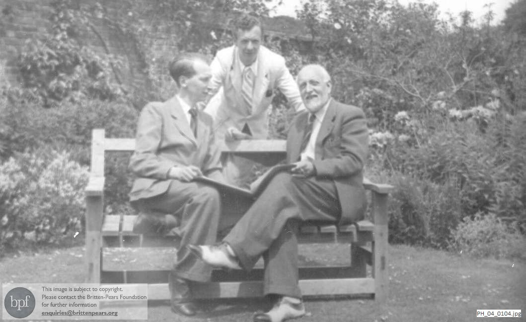 Benjamin Britten with Eric Crozier and Ernest Ansermet in the garden at Glyndebourne 