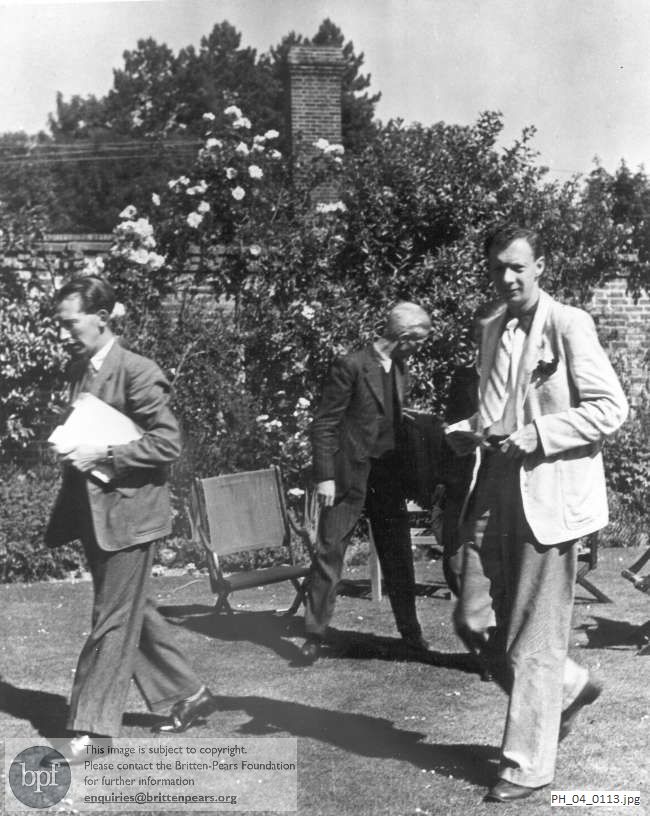 Eric Crozier, Benjamin Britten and John Piper in the garden at Glyndebourne 