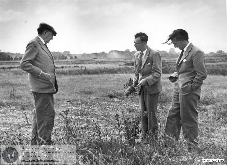 Benjamin Britten with E. M. Forster and Ronald Duncan on the marshes