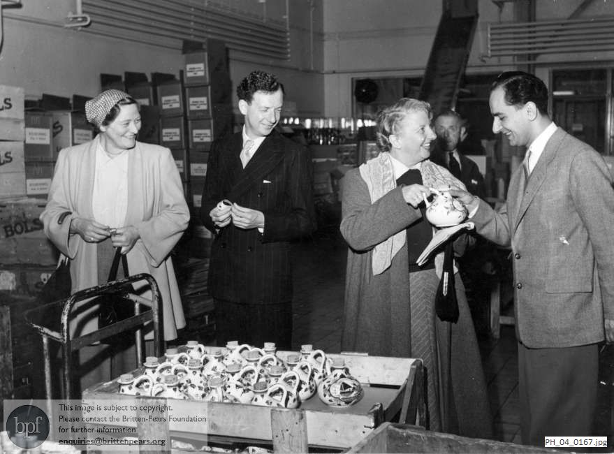 Benjamin Britten and members of the English Opera Group visit the Bols factory in Amsterdam