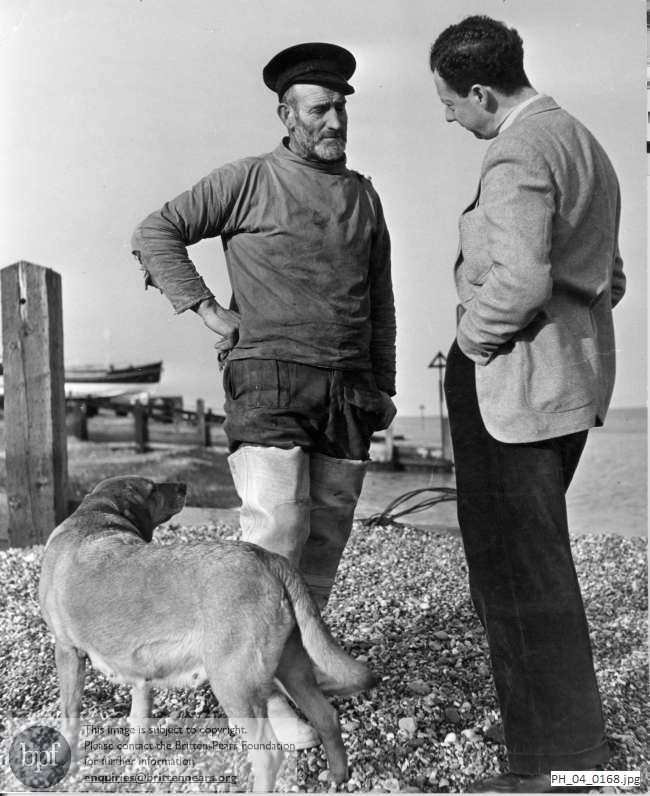Benjamin Britten with Arthur Burrell on Aldeburgh beach