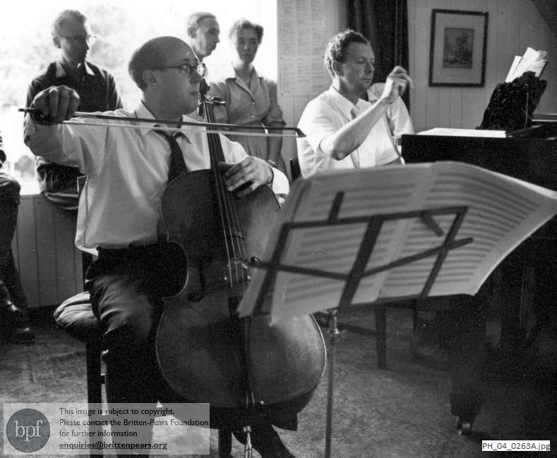 Benjamin Britten and Mstislav Rostropovich rehearse Britten's Cello Sonata