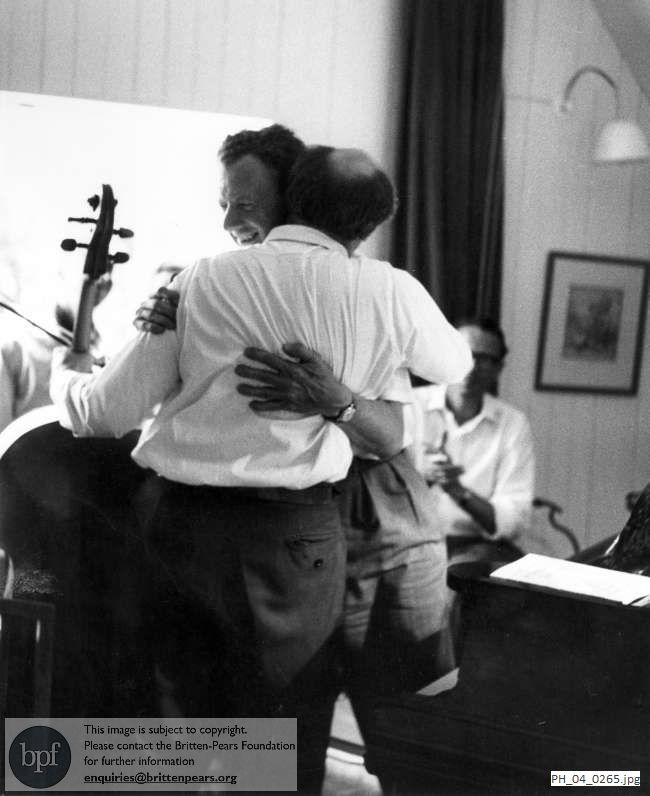 Benjamin Britten and Mstislav Rostropovich embrace 
