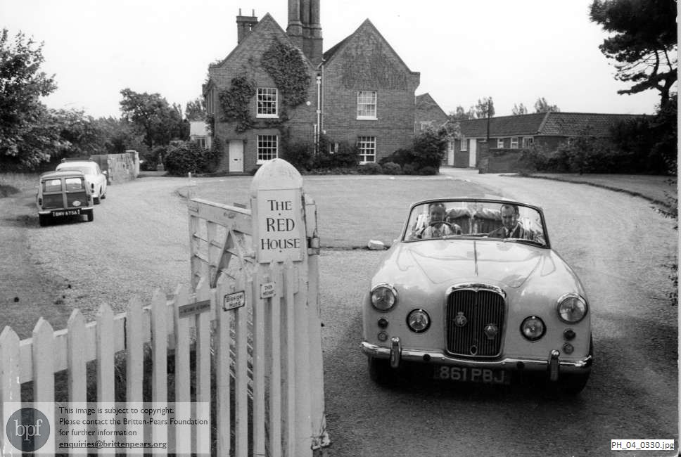 Benjamin Britten and Colin Graham leaving The Red House, Aldeburgh