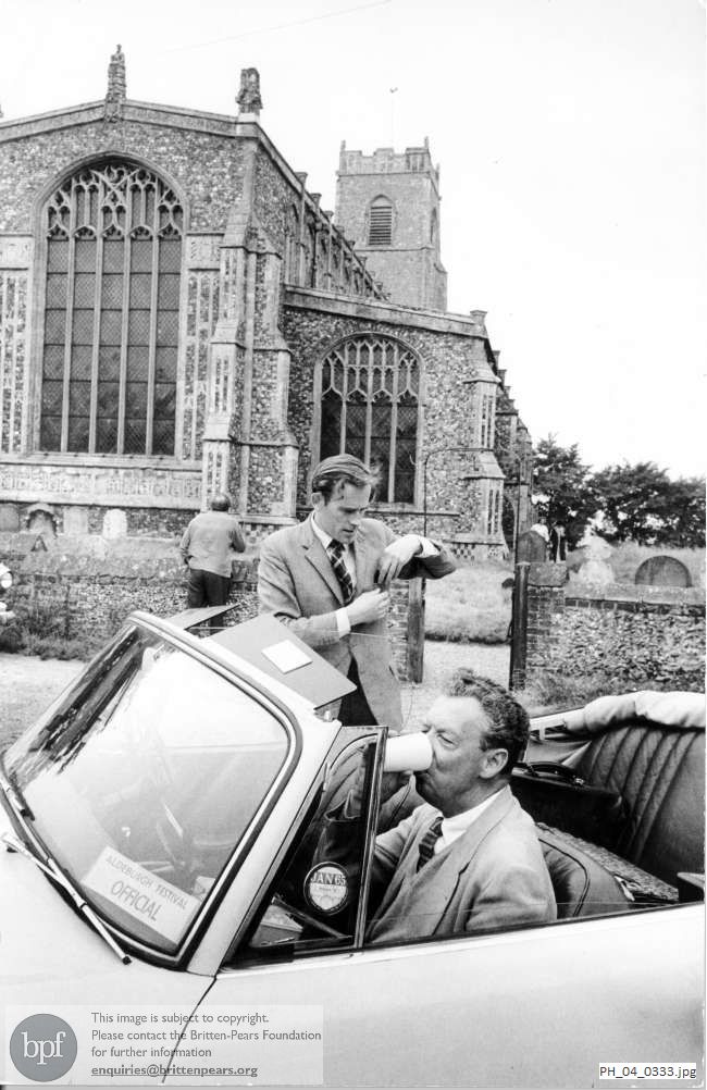 Benjamin Britten and Jeremy Cullum outside Blythburgh Church