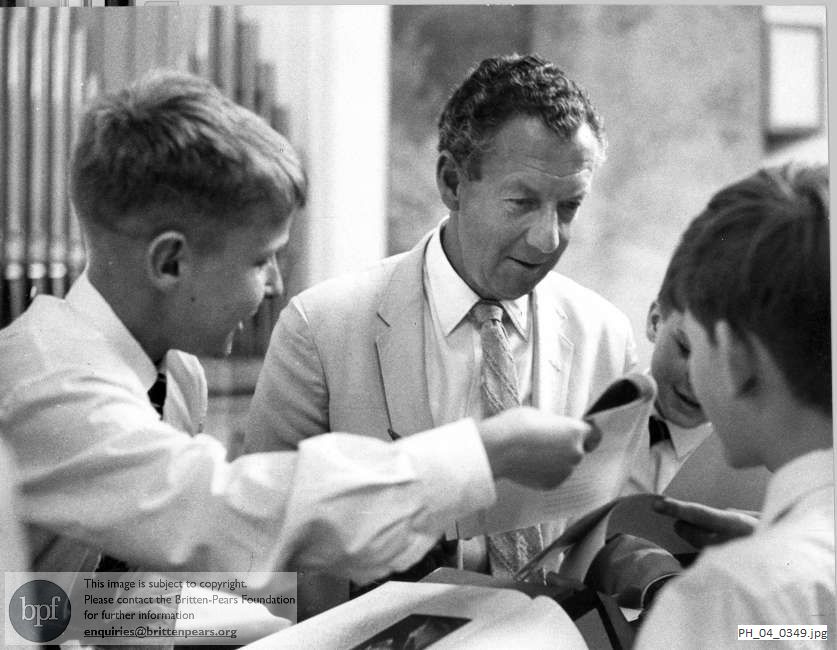 Benjamin Britten with choir boys of Coventry Cathedral